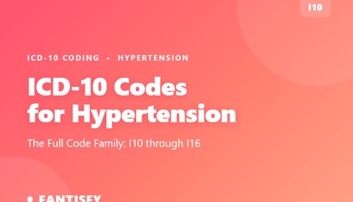 ICD-10 code for hypertension guide featured graphic by Fantisfy showing the I10 code