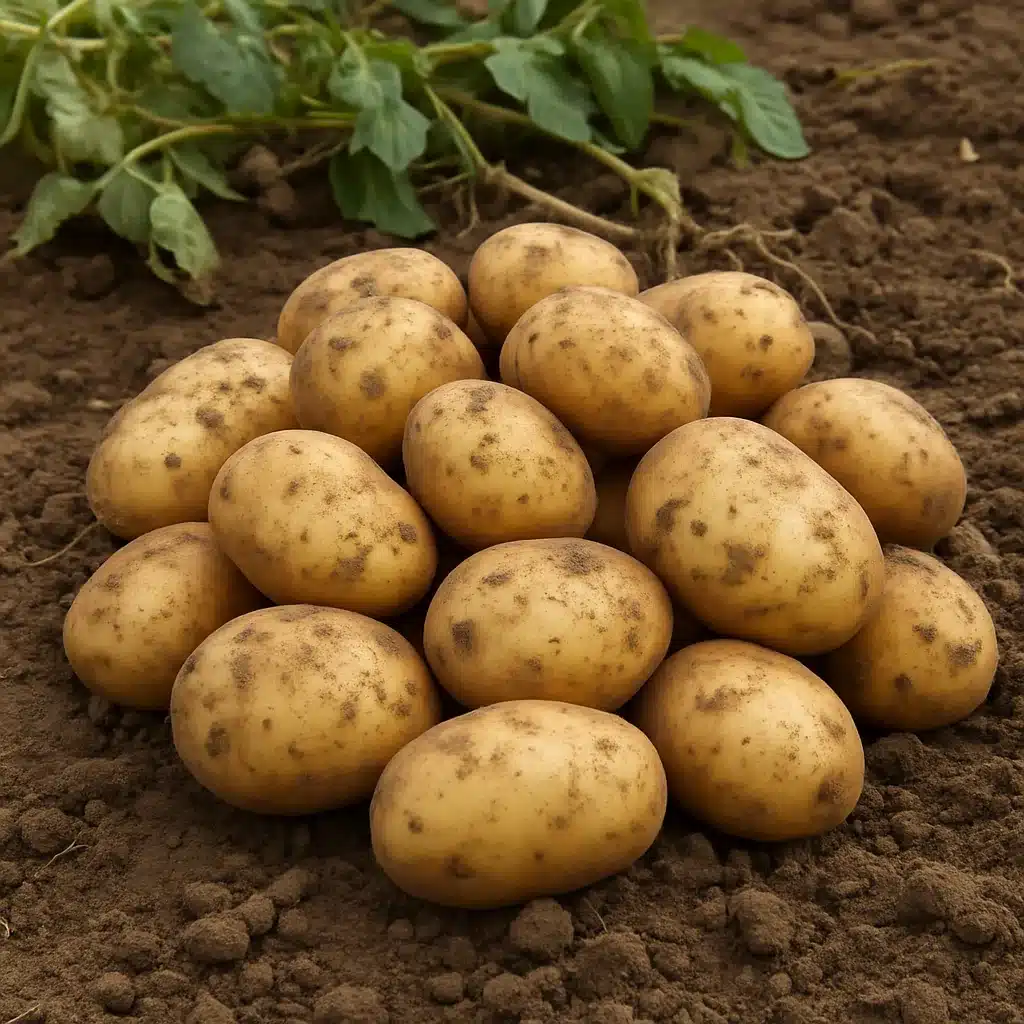 Freshly harvested potatoes piled on dark soil with green foliage behind