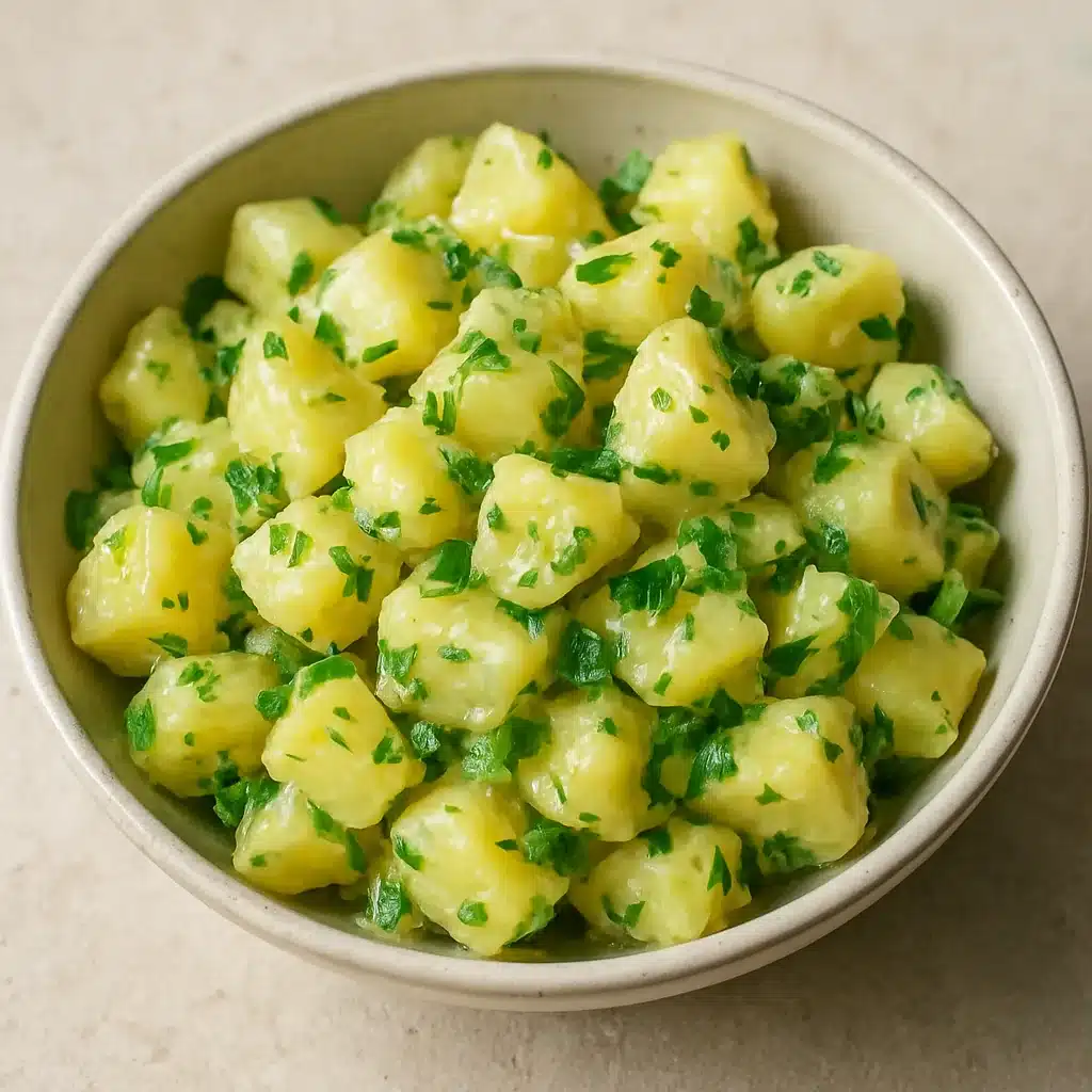 Bowl of potato salad tossed with chopped fresh herbs